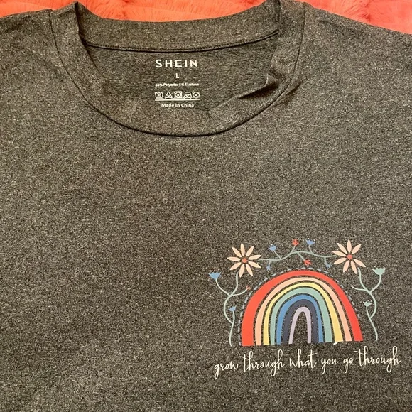 NEW SHEIN Charcoal Tee with Rainbow and Floral Design - Picture 3 of 3